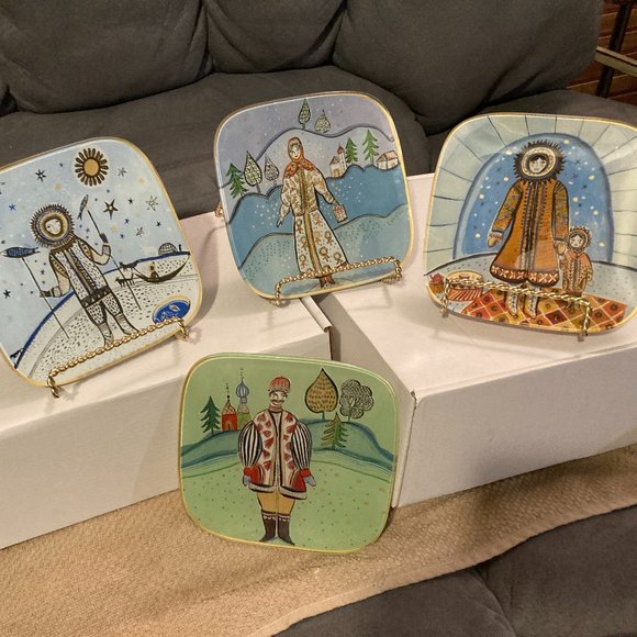 VTG Fragonard Parfumeur Folk Art Glass Decor Plates-Square Set of 4-5.75" D-EUC - Picture 7 of 12